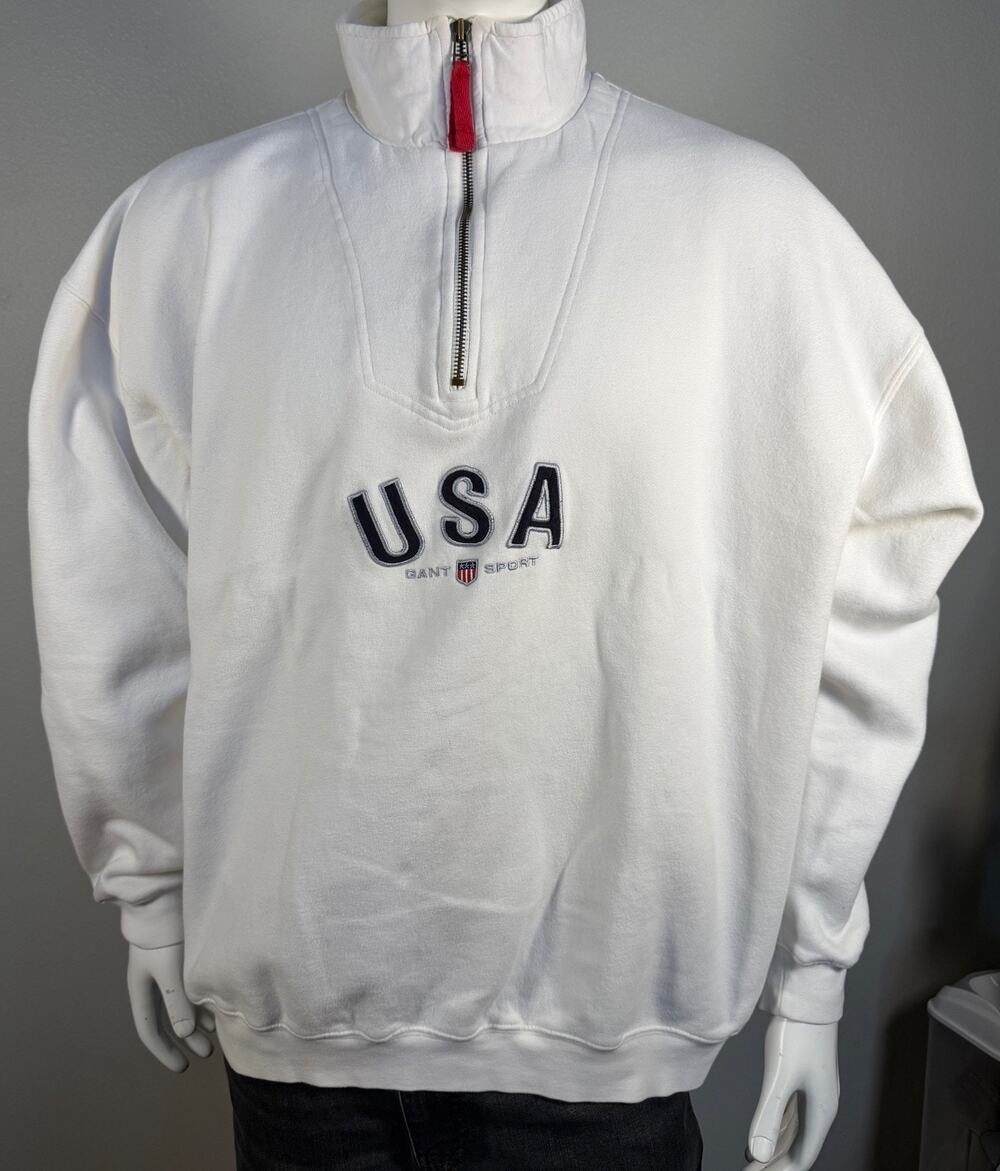 Vintage GANT USA Sport Quarter Zip Sweatshirt Mens XXL White Pullover 90s